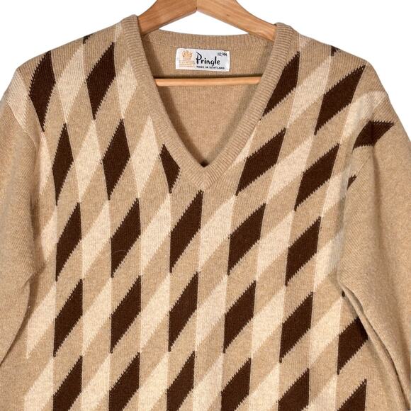VTG Wool V-Neck Argyle Sweater Men's L Pringle of Scotland Retro Grandpa - Picture 1 of 7